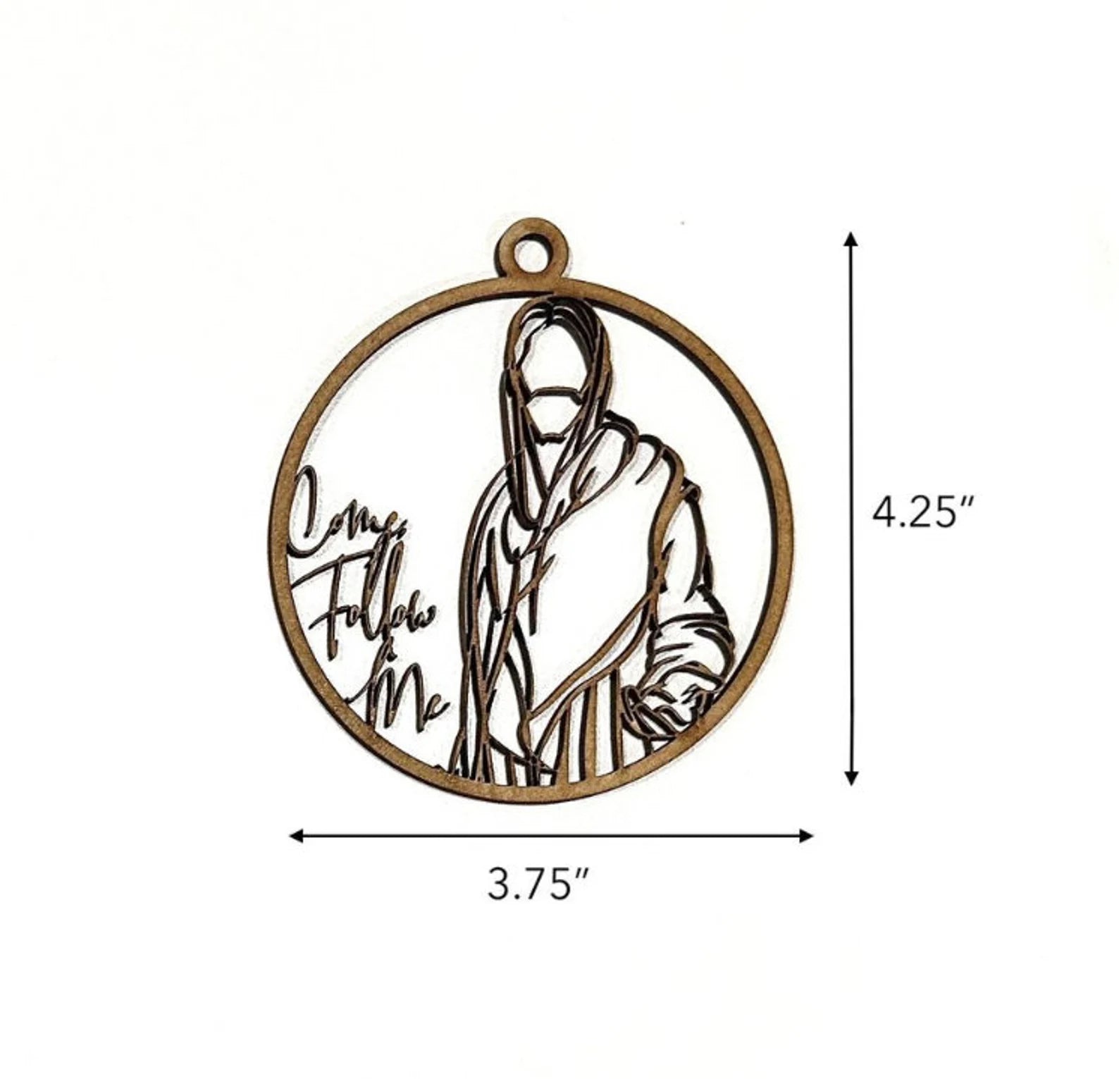 Pendant with religious design and measurements on a white background