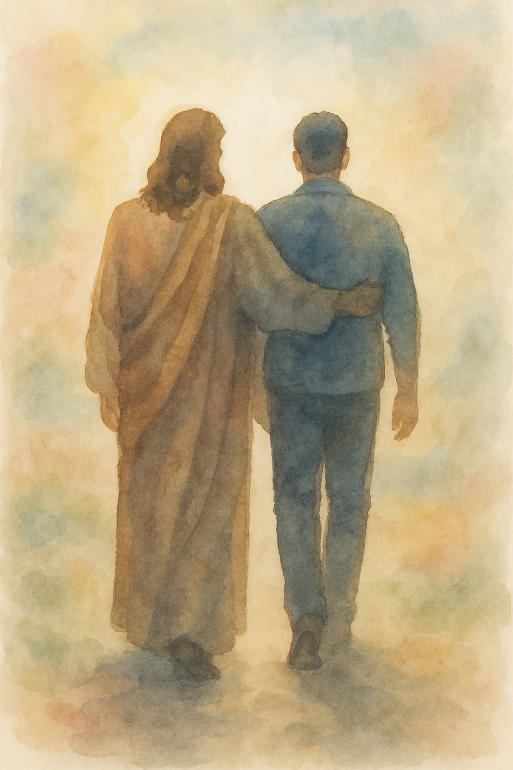 Two figures walking together with a warm, soft background
