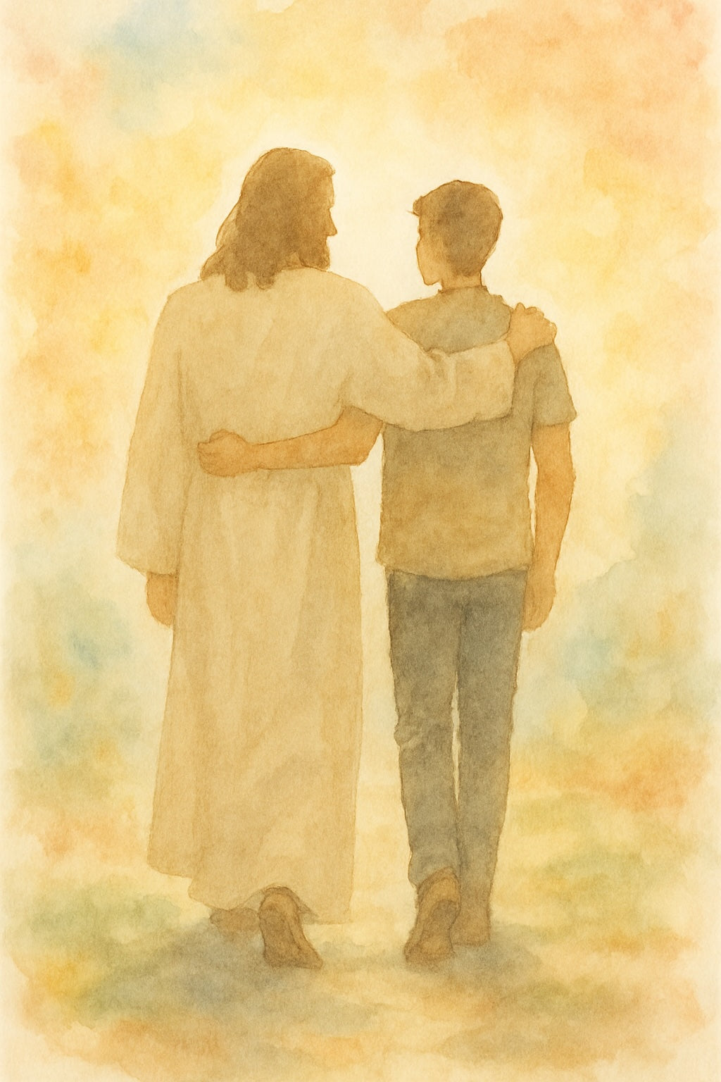 Illustration of a person with a child against a warm, blurred background