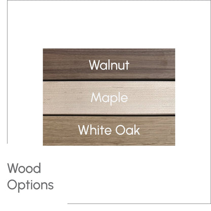 Wood color swatches labeled Walnut, Maple, and White Oak on a white background.