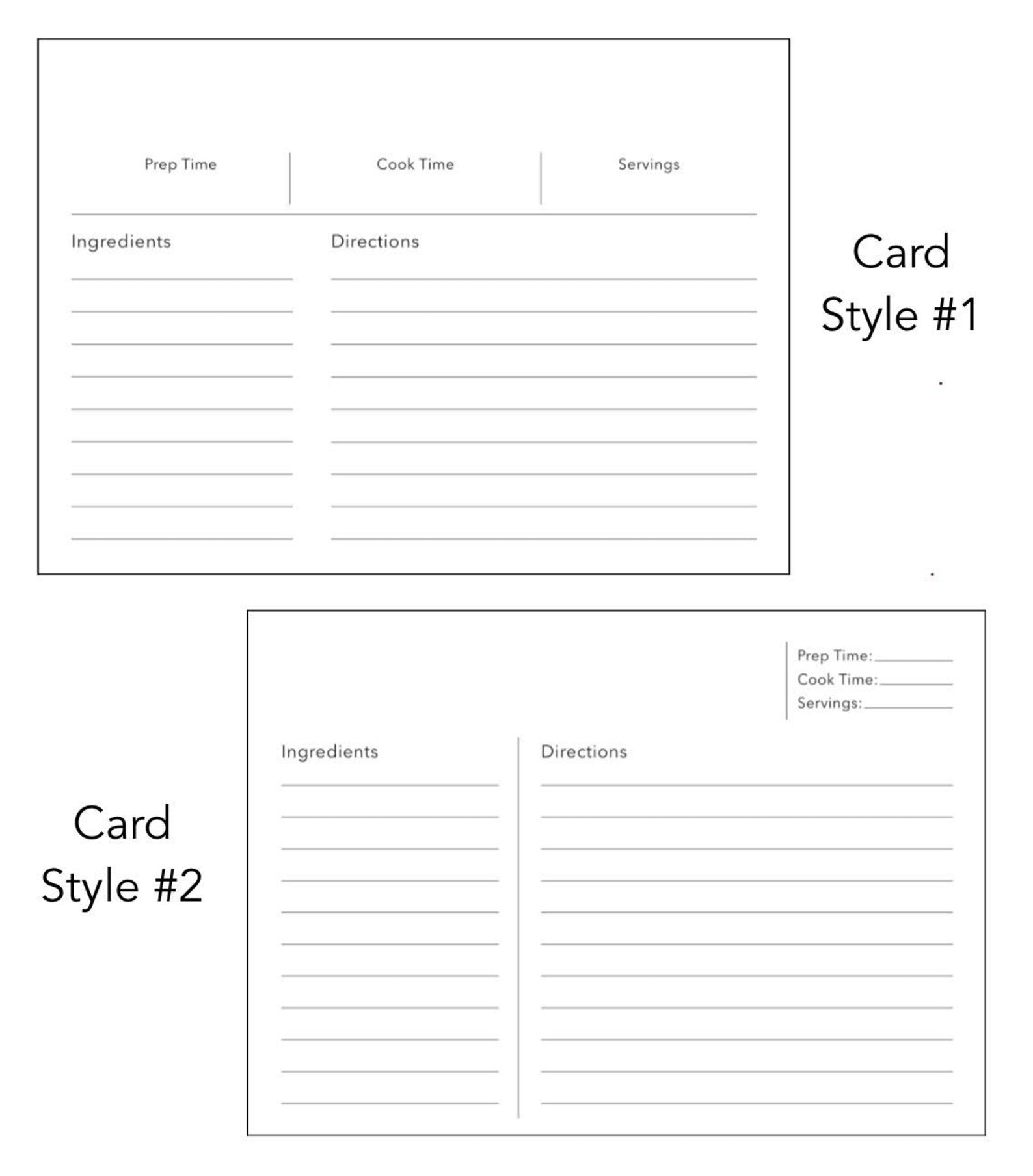 Two card styles with recipe information fields on a white background