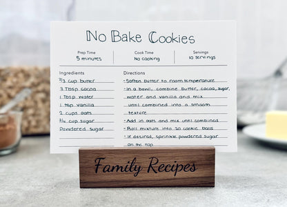 No Bake Cookies recipe card on a wooden stand with 'Family Recipes' text.