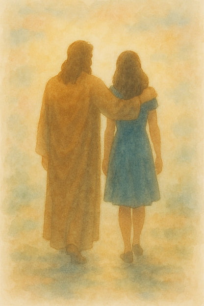 Two figures, one in a long robe and the other in a blue dress, walking together against a soft, warm background.