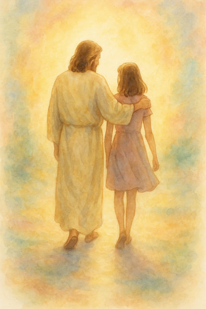 Illustration of a robed figure and a young girl walking together with a warm, glowing background.
